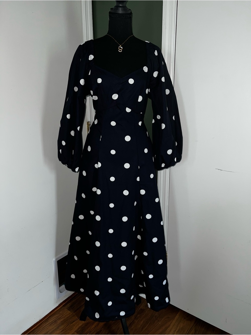 Navy Blue & White Polka Dot Maxi Dress with Puff Sleeves